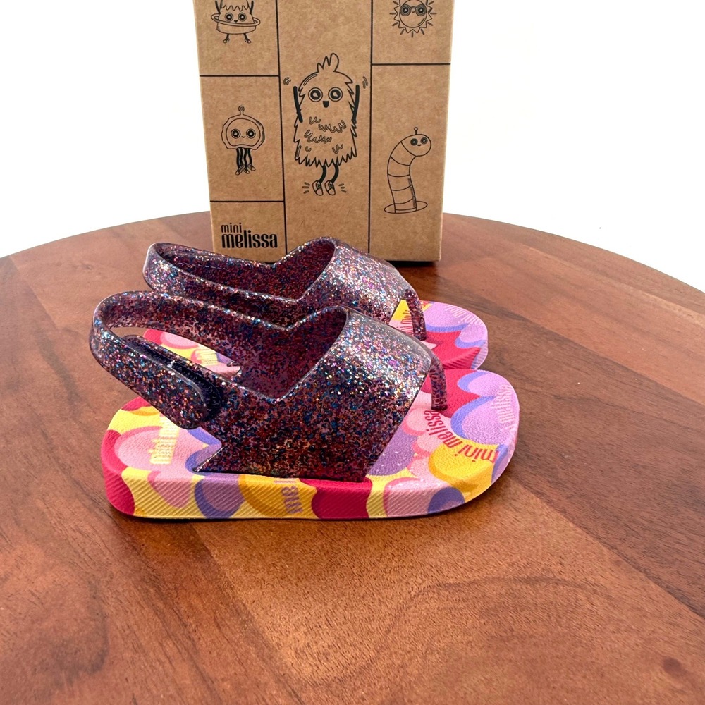 Mini Melissa Flip Flop Shiny BB Yellow Glitter Heart Jelly Sandals Toddler 7
